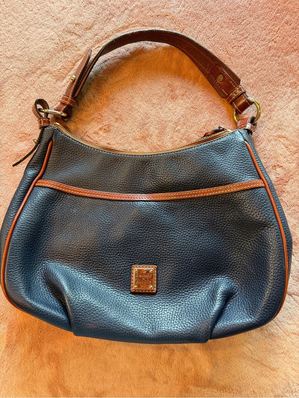 Dooney & Bourke Navy Pebbled Leather Shoulder Hobo with Brown Trim